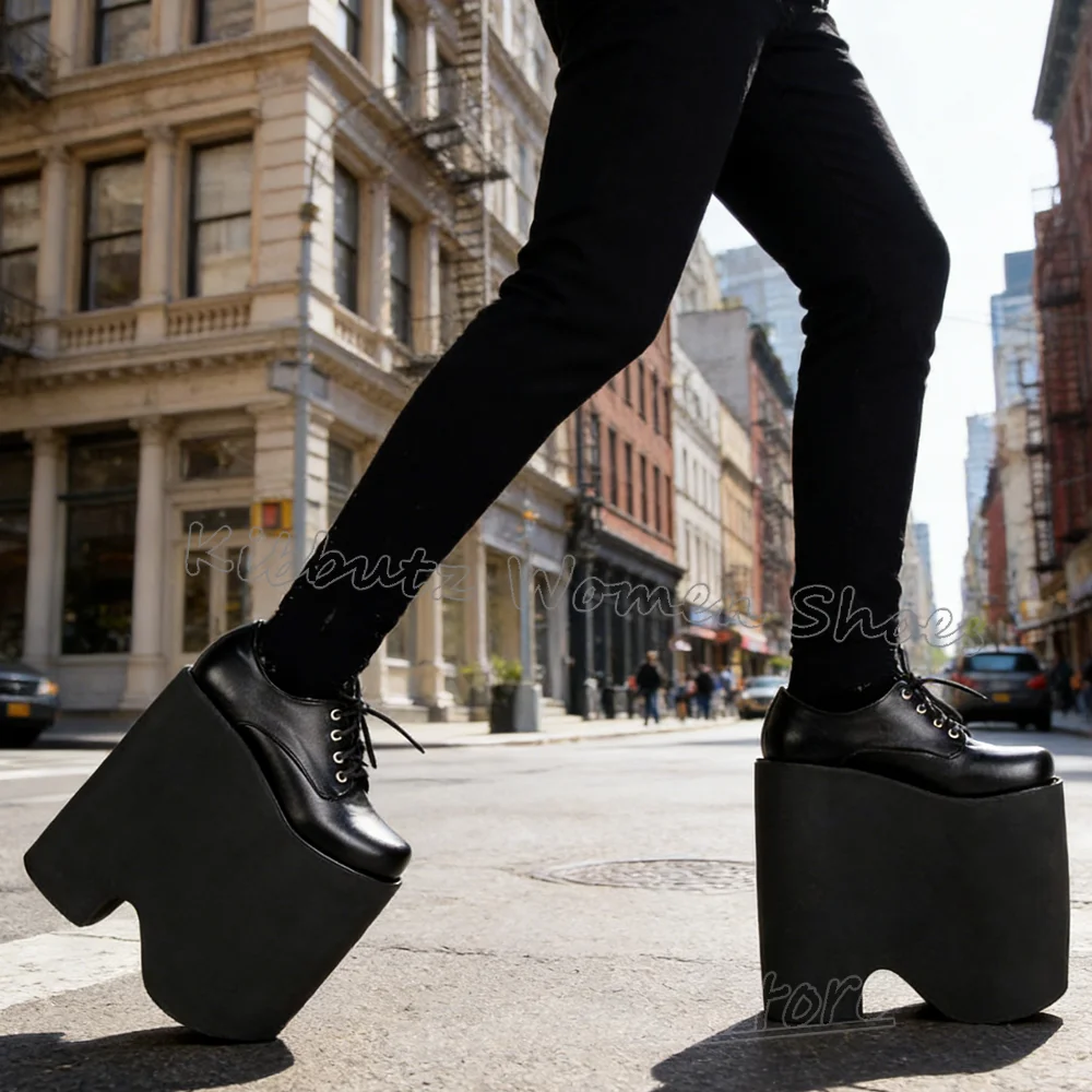 

Новые женские туфли-лодочки на платформе с шнуровкой, из кожи, однотонные, на очень высоком каблуке, с круглым носком, модные, элегантные, роскошные, сексуальные, оригинальные