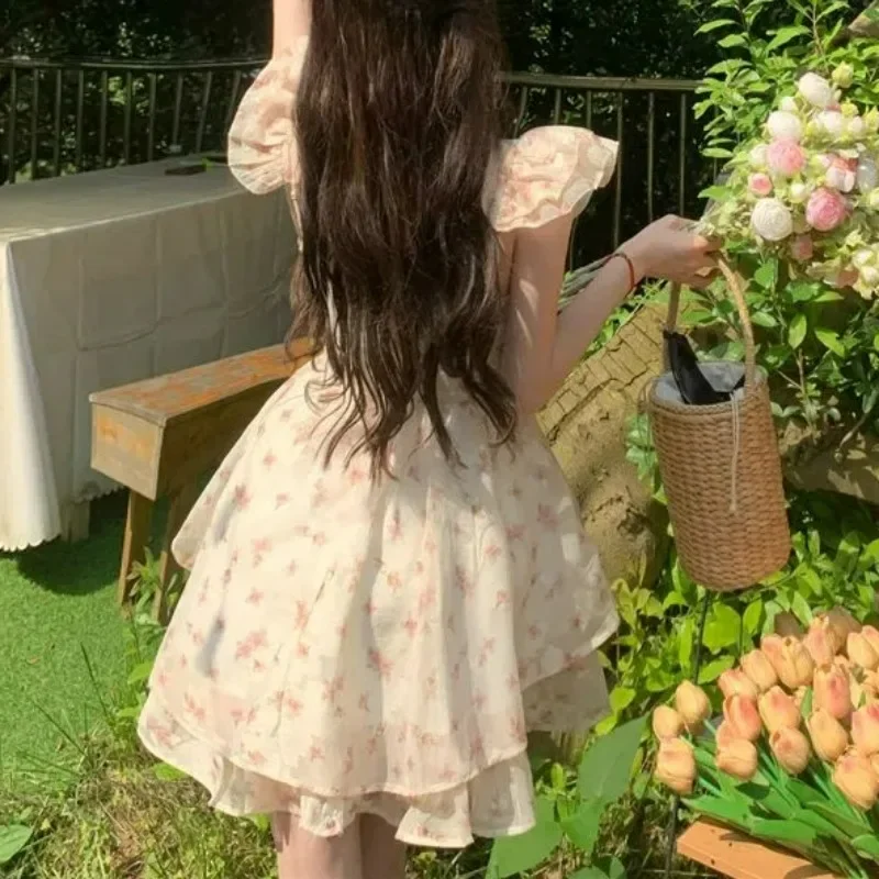 Women Summer Floral Print Ruffle Bow Sweet Sexy Fairy Mini Dress High Waist Sleeveless Slim Square Collar A Line Dresses Vestido