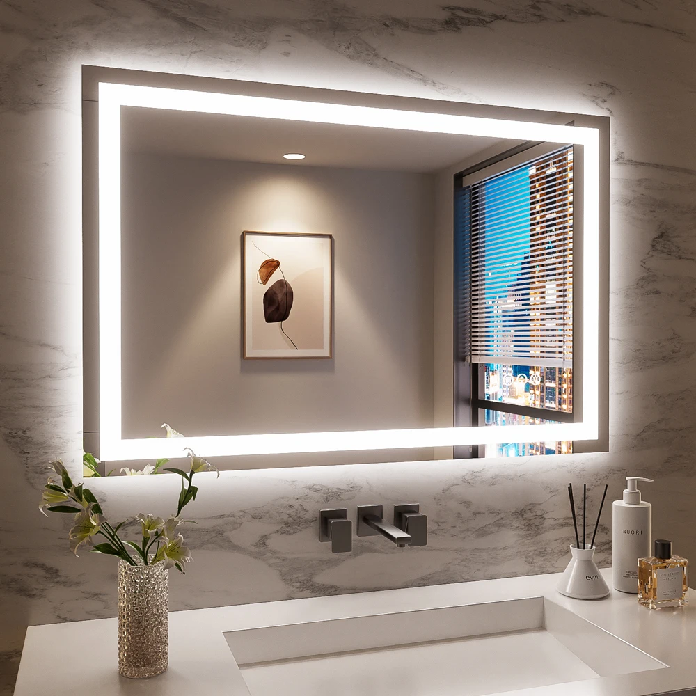 48x32 Inches Smart Anti-Fog LED Bath Mirror with Backlight and Front Light, 3-Color and Dimmable, Brightness Memory