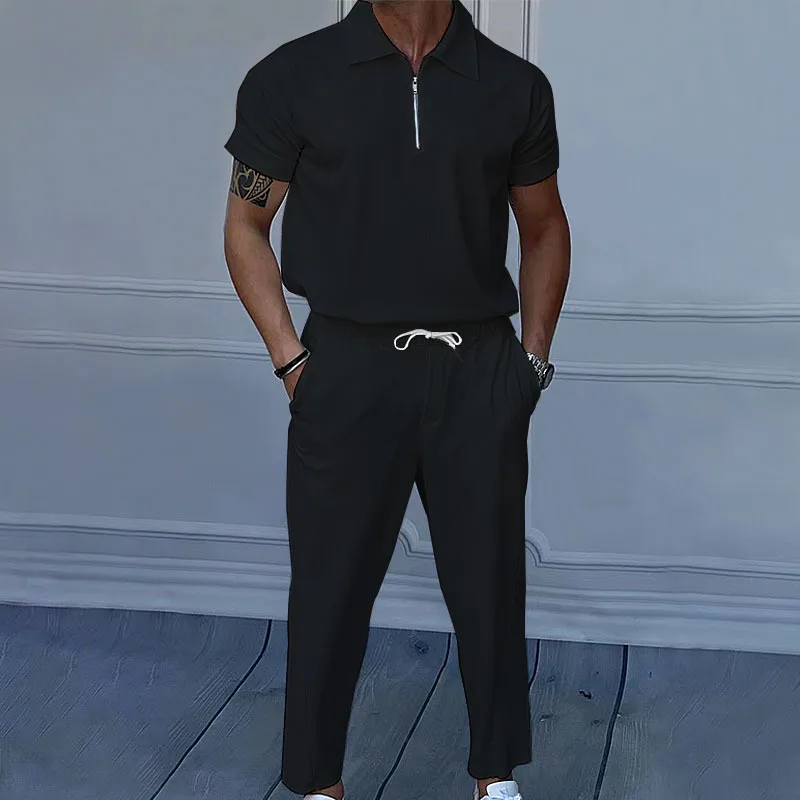 

Summer New European and American Trade Large Men's Solid Color Set with Collar, Short Sleeve, Zipper Pants Set, 2 Pieces