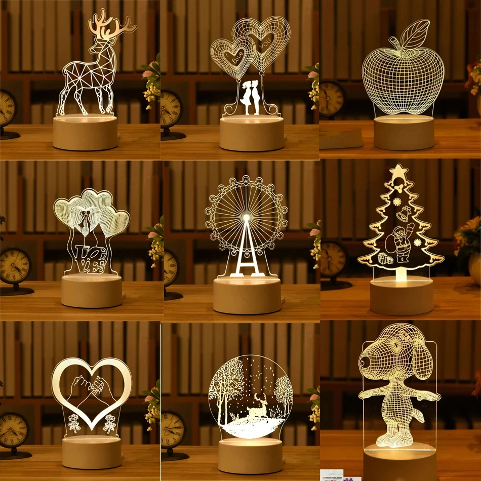 Veilleuses LED USB en acrylique, lampe enseigne au néon 3D, Noël, décorations de Noël pour la maison, chambre à coucher, décor d'anniversaire, cadeaux de mariage