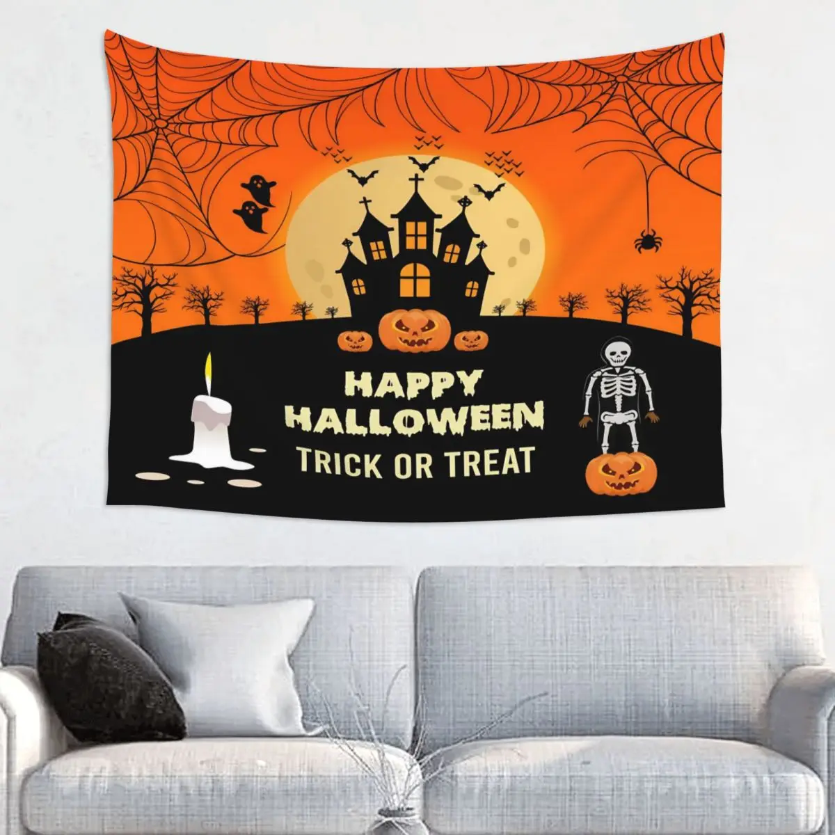 Halloween Pumpkin Tapestry Wall Hanging Hippie Wall Tapestry Ghost Death Skeleton Bohemian Throw Rug Blanket Room Decor Tapiz