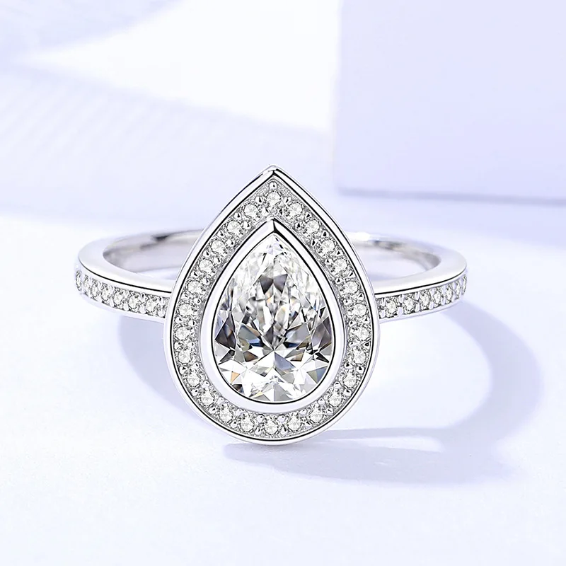 

1.5 Carat Water Drop-shaped Moissanite Ring Women's 925 Sterling Silver Cross-border Fashion Ring Micro-set Handwear