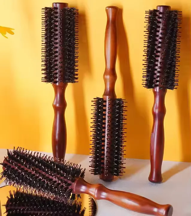 Cepillo de pelo redondo de nailon con mango de madera para peluquería, peine profesional antiestático para peluquero, herramienta de estilismo para hombres y mujeres