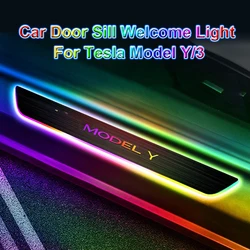 Luz de umbral de puerta de coche para Tesla Model Y Model 3, placa de desgaste de bienvenida, Pedal de luz RGB, accesorios de Decoración LED multimodo