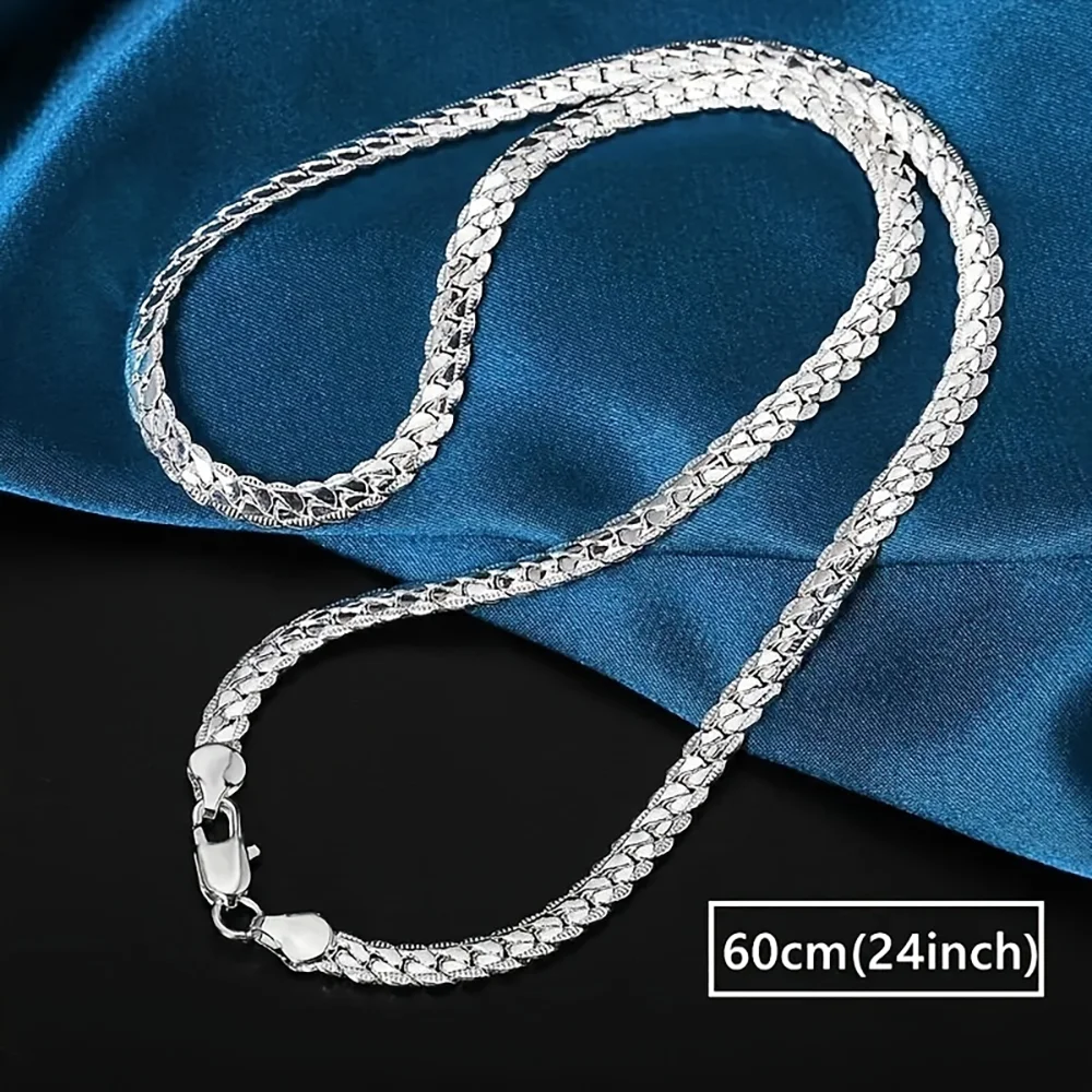 925 Sterling Silver 6mm Side Chain Necklace, 16/18/20/22/24 Inch, Stylish Wedding/Engagement Gift for Men and Women.