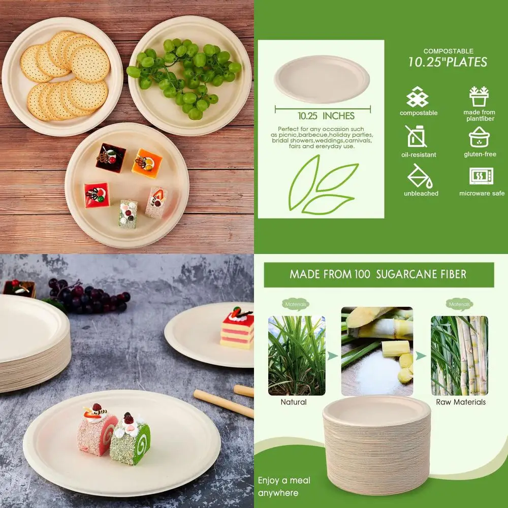 

100% Biodegradable 10.25 Paper Plates, 500 Pack, Super Strong, Eco-Friendly, Made from Sugarcane