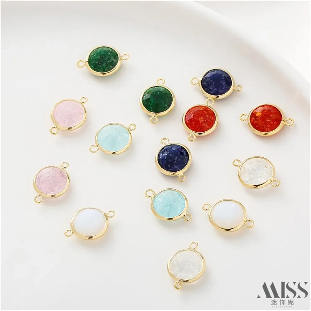 Sac en faux verre doré 18 carats, pièce de connexion à double trou à bord doré, matériau fait à la main, pendentif rond polyvalent en verre rouge.