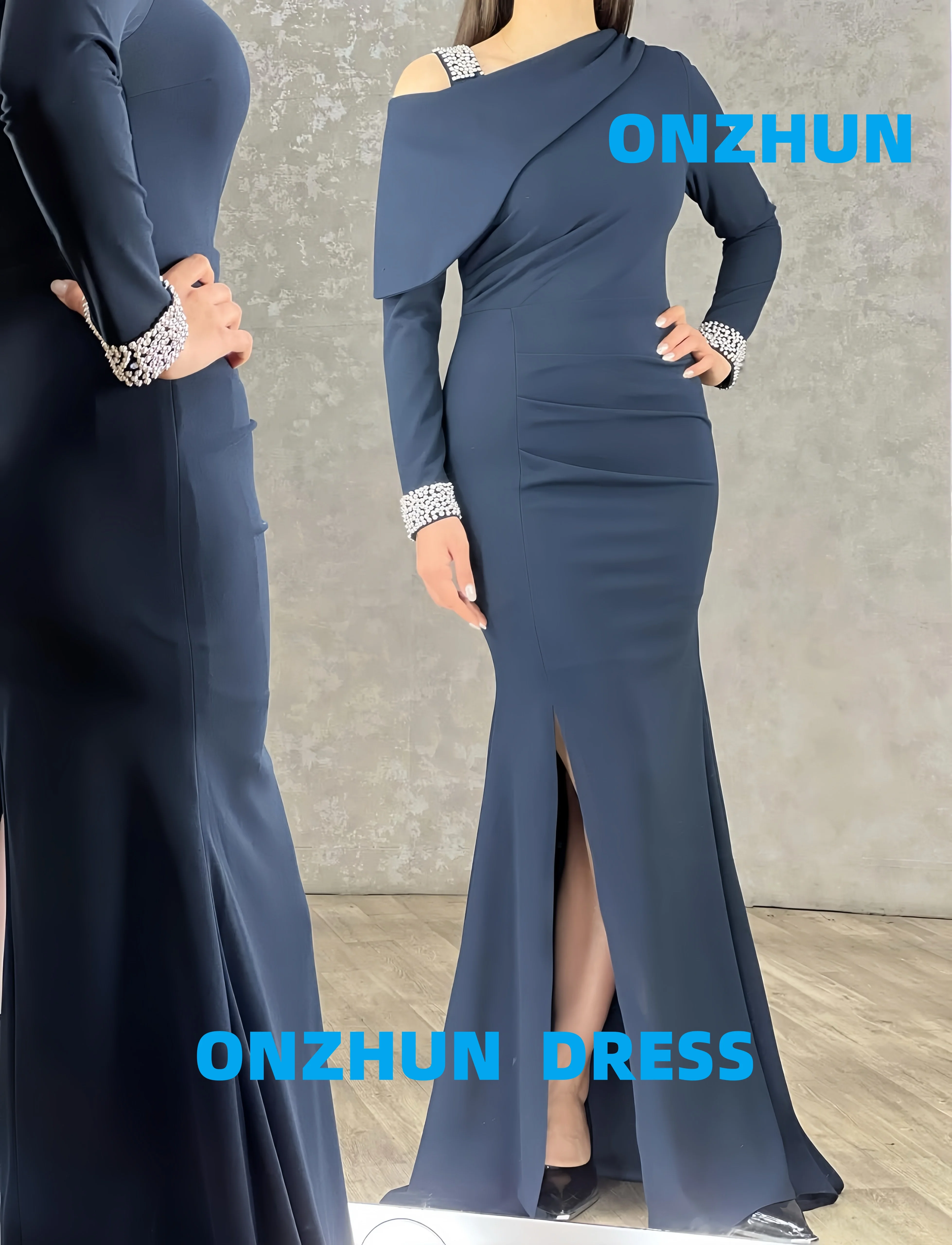 Personalizado de um ombro de manga comprida sereia cetim elegante luxuoso vestidos de noite feminino vestido de noite moderno vestidos de noite