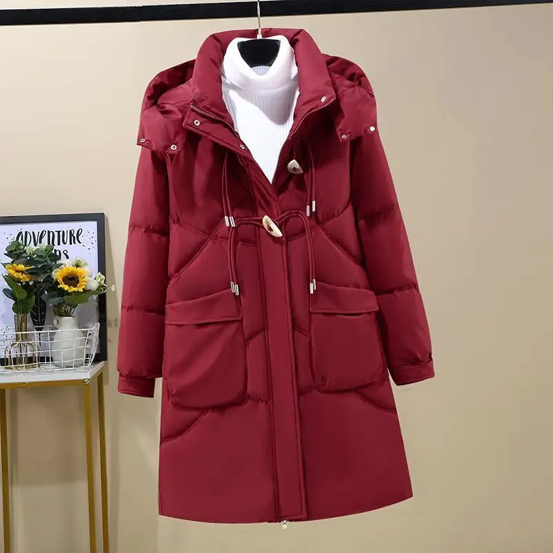 thin Warm padded jacket women mid-length 2025 new winter Parkas fashion hooded zipper cotton Clothes Female loose overcoat T808