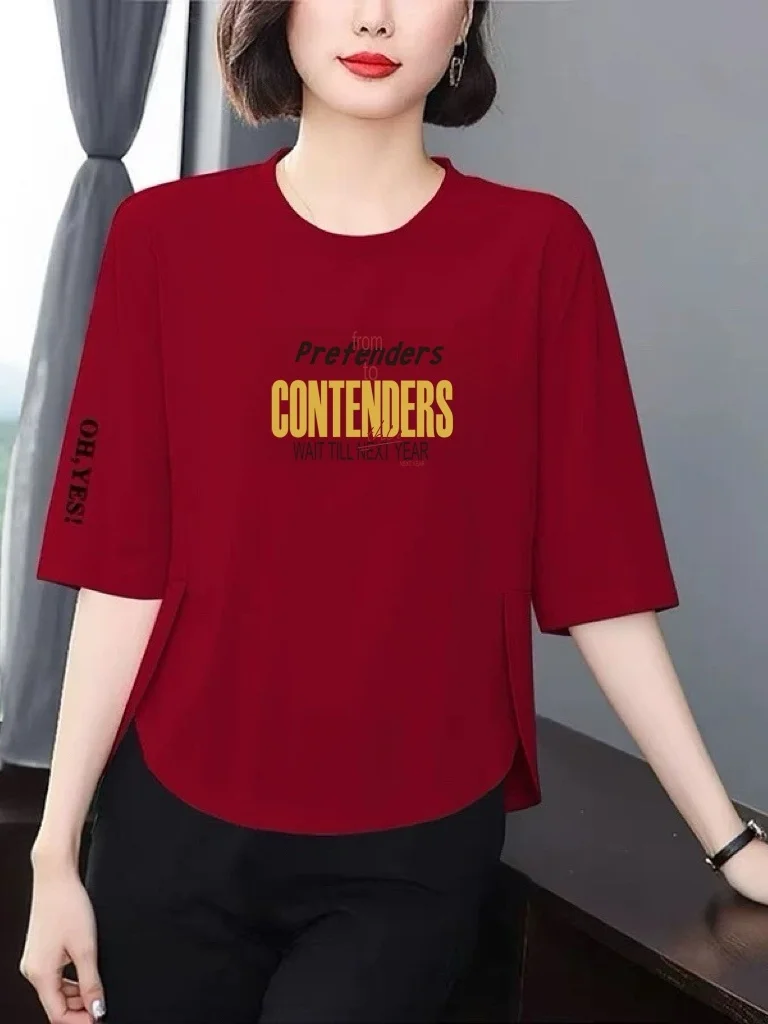 

Элегантная женская футболка в корейском стиле с буквенным принтом, рукав 3/4, свободного кроя, стройнящая, скрывающая недостатки фигуры, омолаживающая, универсальная, для женщин среднего возраста