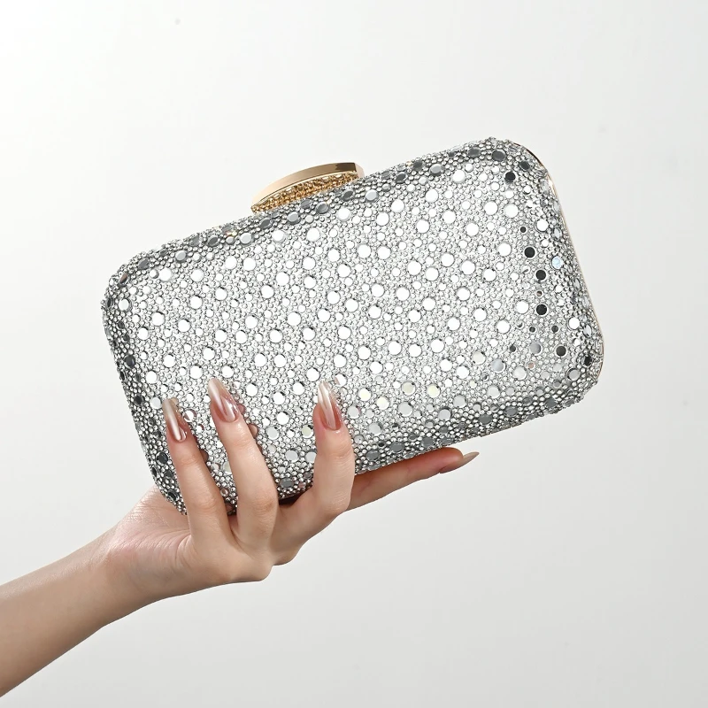 Full Diamond Sparkling silver Clutch Bag Fashion Women's Crystal Rhinestone Hard Box Evening Handbag Formal Dress Matching Purse