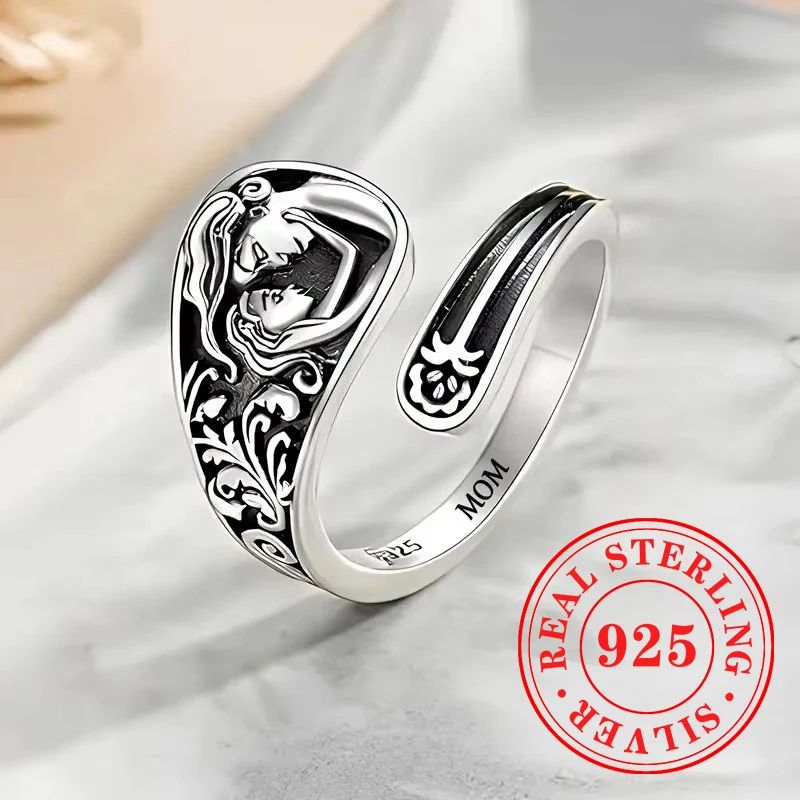 Huitan Vintage 925 Sterling Silver Opening Rings Exquisite Mother Daughter Pattern Finger Accessory Meaningful Mother’s Day Gift