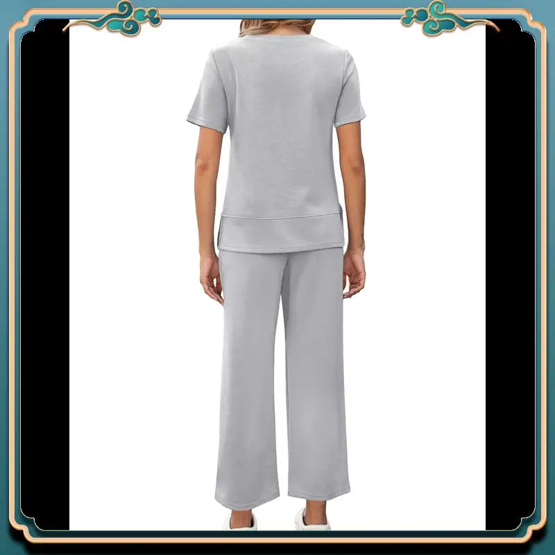 ABMV-Women's Two-Piece Home Wear Casual Short-Sleeved Sportswear Suit Sportswear Wide-Leg Pants Suit Light Gray XXXL