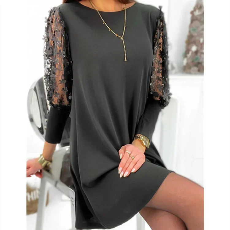 

Spring New Loose Shift Dress Women 2025 Fashion Casual Round Neck Hollow Lace Flower Button Three-quarter Sleeve Mini Dresses