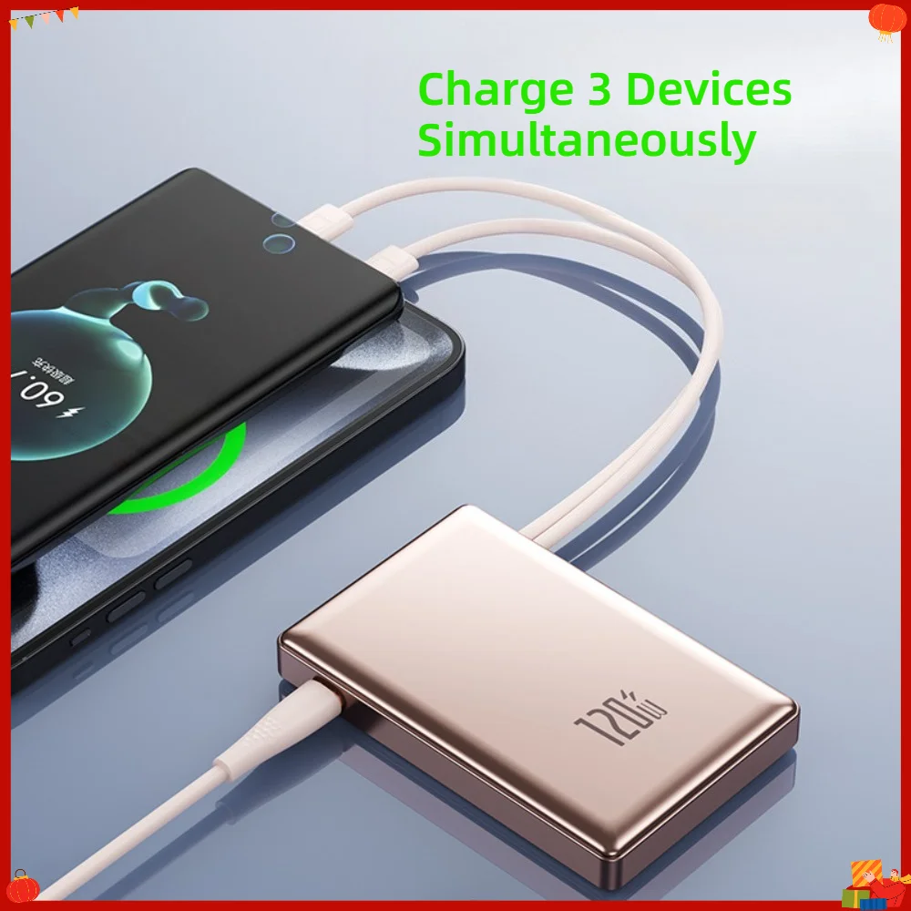 20000mAh Power Bank 120W Super Fast Charging,Built-in Dual Cables,Metallic Finish,Slim Compact For iPhone,Samsung Huawei Vivo