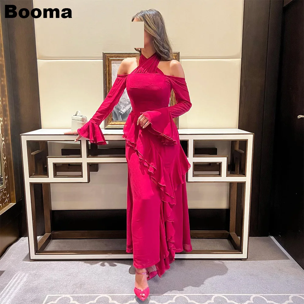 

Booma Red Mermaid Evening Dresses Halter Ruffles Stain Formal Occasion Dresses Saudi Arabia Party Celebrate Events Gowns Outfits