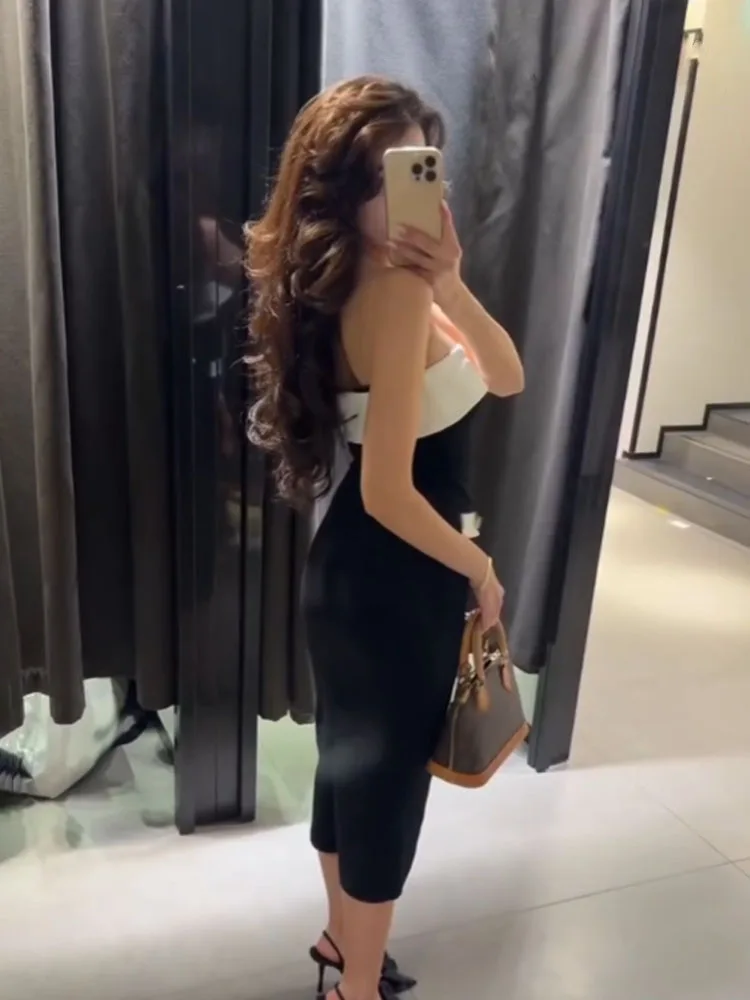 

HH Female Summer Elegant Slim Long Dress Black Strapless Backless Buttons Decorate Woman's New Fashion Sleeveless Dresses