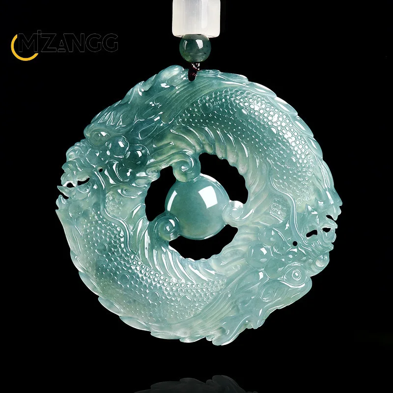 Natural A-Grade Blue Water Jadeite Double Dragon Zodiac Pendant Premium Hand-Carved Men's and Womens Jade Jewelry for Prosperity
