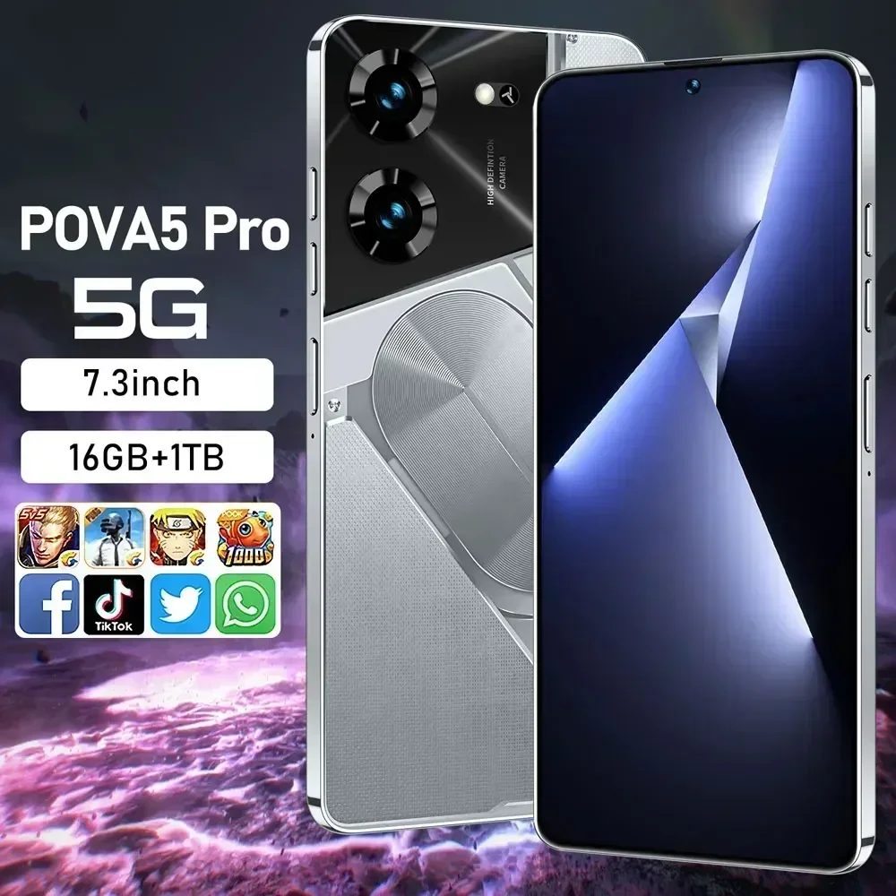 Cell Phone Original Pova 5 Pro Smartphone 5G 7.3 HD Screen 108MP Dual Sim Smart Mobile Phones Android Face Unlocked Cellphones