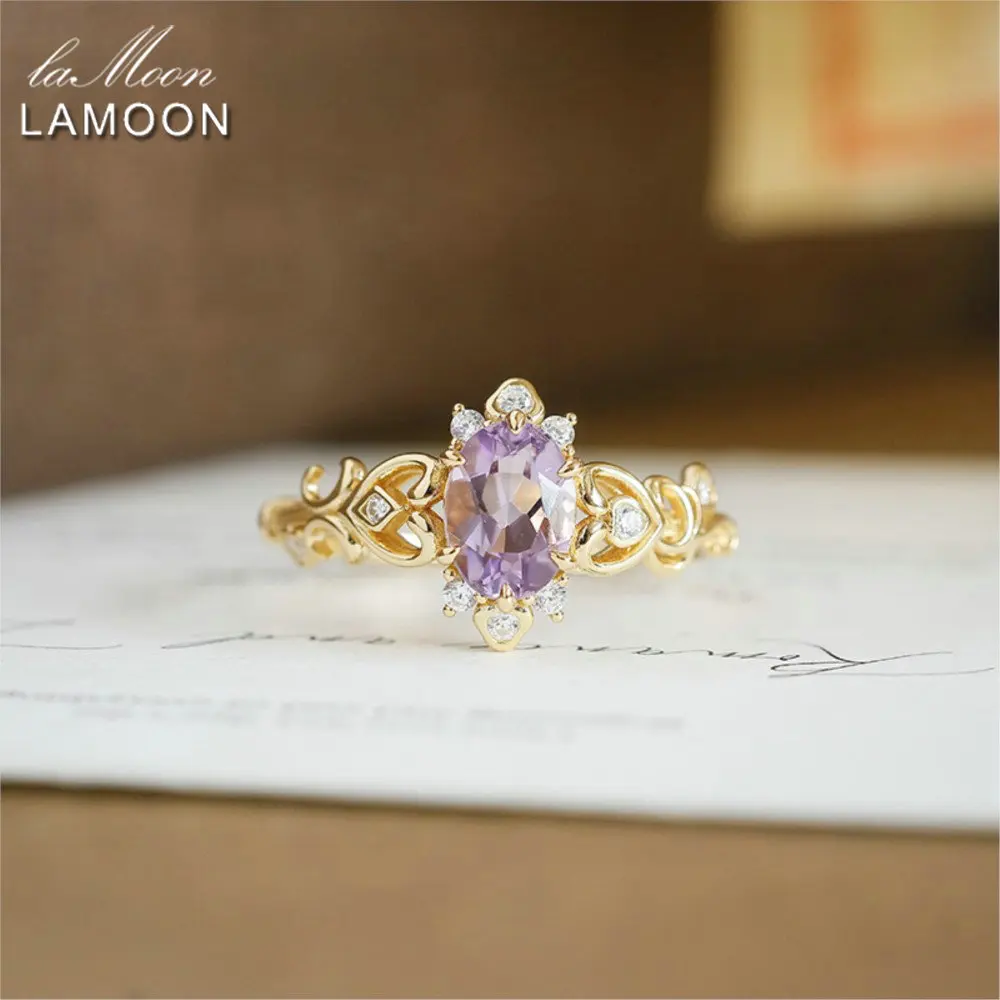 

LAMOON винтажное роскошное кольцо с натуральным аметистом для женщин, изысканное ажурное кольцо из стерлингового серебра 925 пробы, позолоченное 14 карат, ювелирные изделия