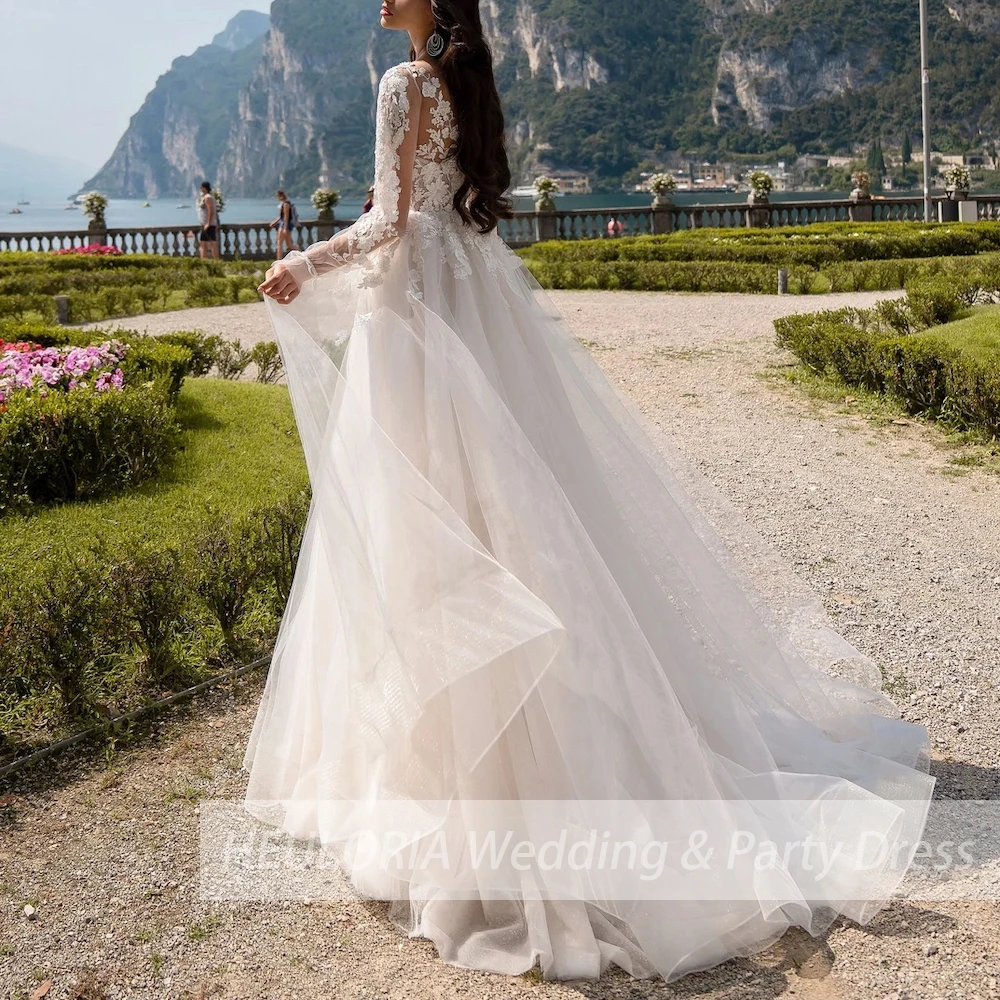 Elegante vestido De novia De manga larga con cuello en V, apliques De encaje, vestido De novia