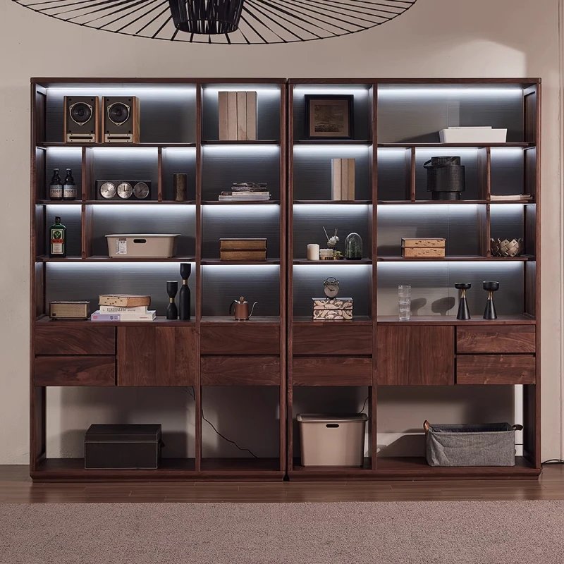 

North American black walnut solid wood bookcase with drawers, home study, floor-to-ceiling bookshelves, wall-to-wall storage