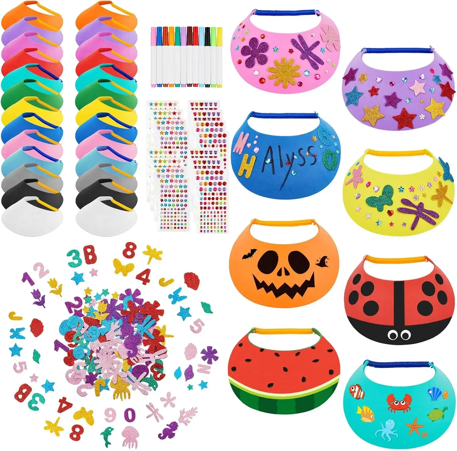 141 Pcs Assorted Craft Decorations with 100 Foam Visors for Kids, DIY Sun Visor Kit with Stickers & Markers for Arts & Crafts Activities (Classic Color)