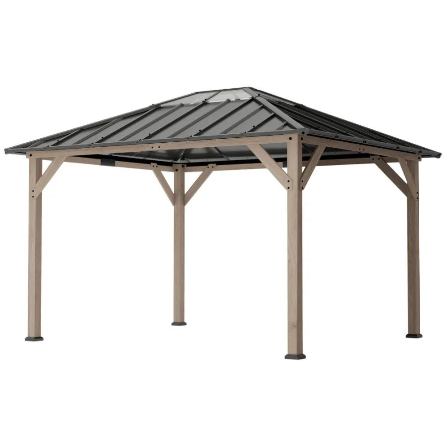 

Беседка с жесткой крышей 10' x 12' из оцинкованной стали, с защитой от УФ-излучения UPF50+, деревянный павильон с прозрачной крышей, светло-ореховый цвет