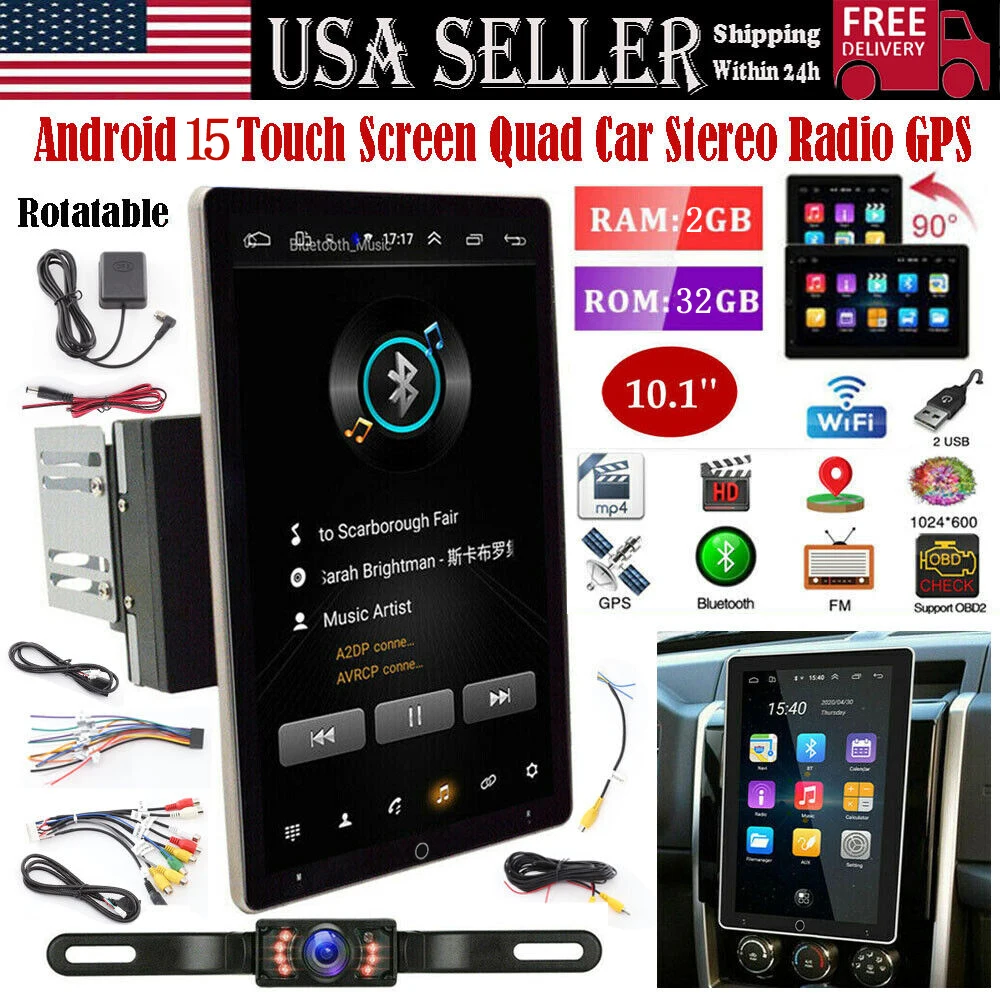 10in Universal Double Din Manual Rotatable Swivel Car Head Unit Car Stereo Support Wireless Carplay Android Auto Android 15 Audio Receiver Bluetooth MP5 Player USB FM Multimedia Radio Support Mirror Link SWC + Backup Camera