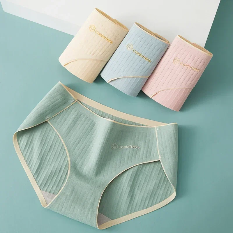 New Women Cotton Panties Mid Waist Sexy Stripe Underpants Solid Color Briefs Women\'s Soft Lingerie Breathable Comfortable