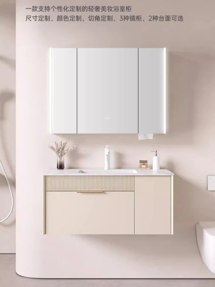 

Керамический зеркальный шкаф с интегрированной раковиной, ванная комната в стиле кремового камня, элитный шкаф для ванной комнаты в стиле лайт-люкс