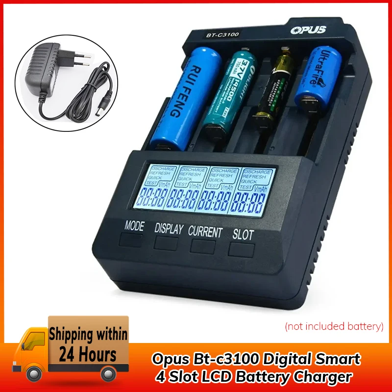 Opus Bt-c3100 Digital Smart 4 Slot LCD Battery Charger Compatible for Li-ion Nicd Nimh Aa AAA 10440 18650 Rechargeable Batteries