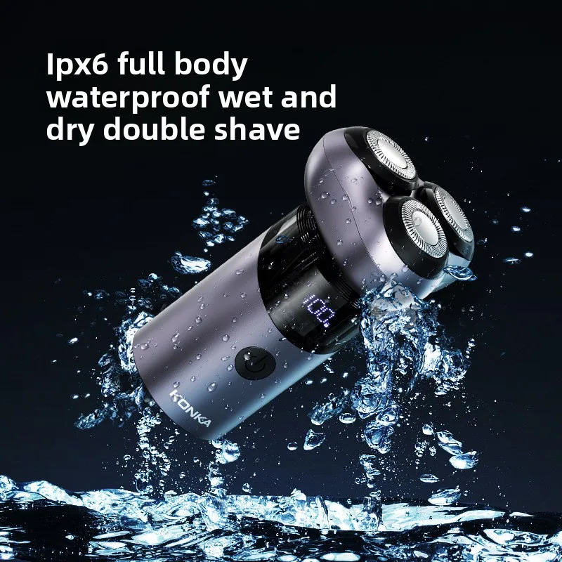 2025 Xiaomi Konka ثلاثة رئيس ماكينة حلاقة صغيرة للرجال ماكينة حلاقة كهربائية السفر المحمولة المعادن غسلها شحن ماكينة حلاقة Type-C كابل شحن