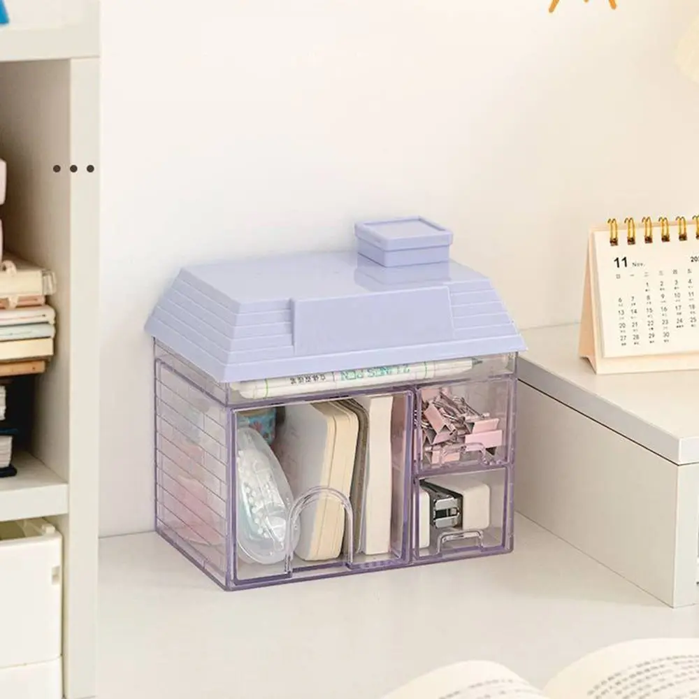 Transparent Desktop Storage Box Multiple Grids Visible Small House Pen Holder House Shape Convenient Cosmetic Organizer Student