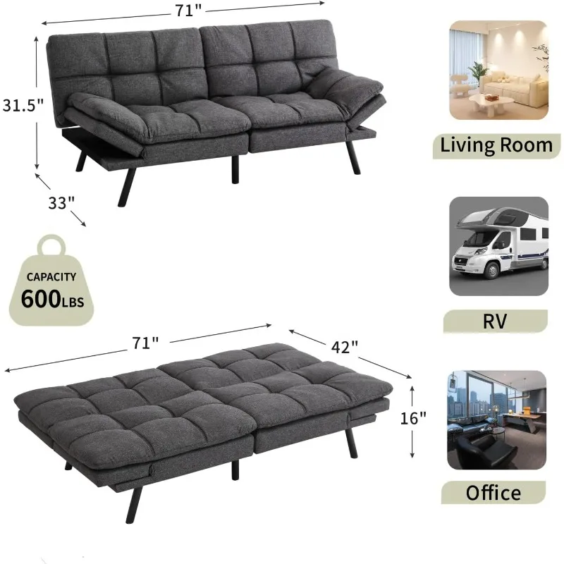 Memory Foam Futon Sofa Bed,Apartment,Office,Adjustable Backrests Armrests Couch Sleeper,71