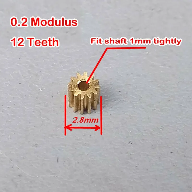 10PCS 0.2 Modulus Copper Gear Micro Mini Electric Motor Shaft Spindle Metal 12 Teeth Brass Axis Gears  Toy Parts 1mm Shaft