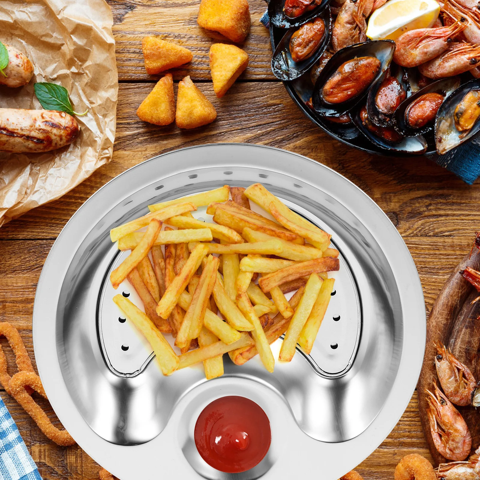 

Stainless Steel Dumplings Plate 26cm Double-Layer Draining Design Sauce Saucer Serving Dish for Fruit Snack Dessert