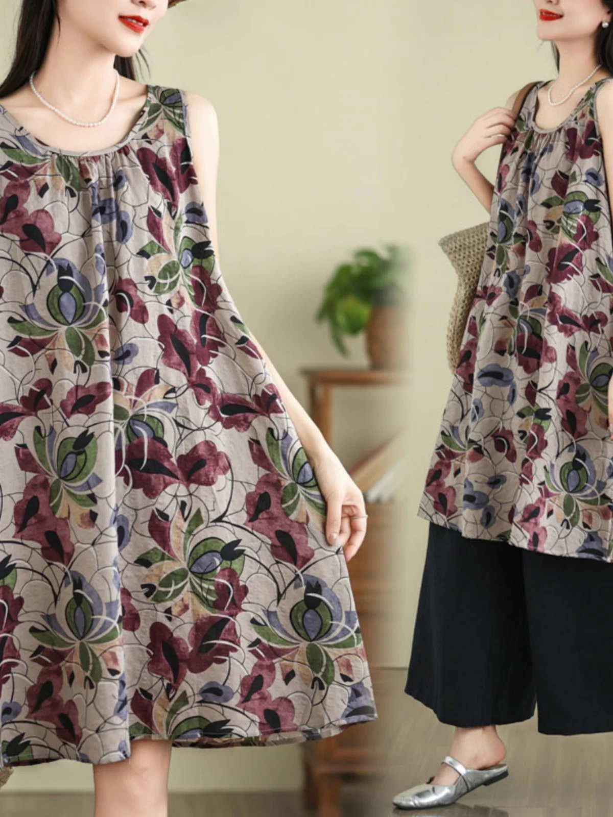 ชุดเดรสผ้าลินินผสมคอตตอนพิมพ์ลายทรงเอ แขนกุด ไซส์ใหญ่สำหรับฤดูร้อน กระโปรงทรงเอ ความยาวปานกลาง