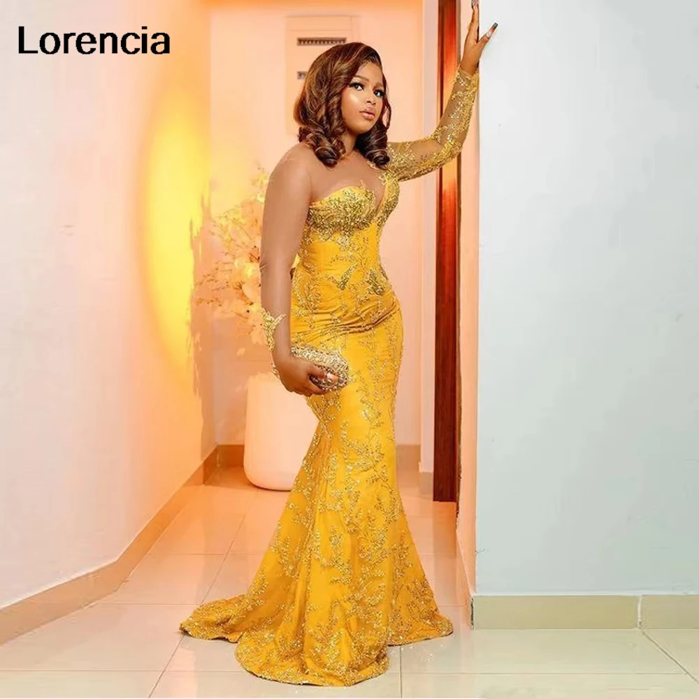 Lorencia Angepasst Plus Größe Gold Spitze Afrikanische Formale Kleid Sheer Neck Mermaid Abendkleid Aso Ebi Schwarz Frauen Party Kleid YPD223