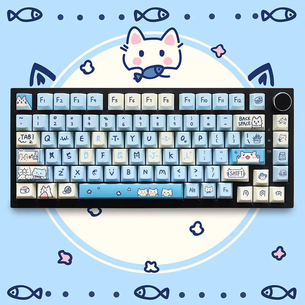 Cute blue meow meow theme keycap PBT material Original highly sublimated 130 keys Suitable for mechanical keyboard