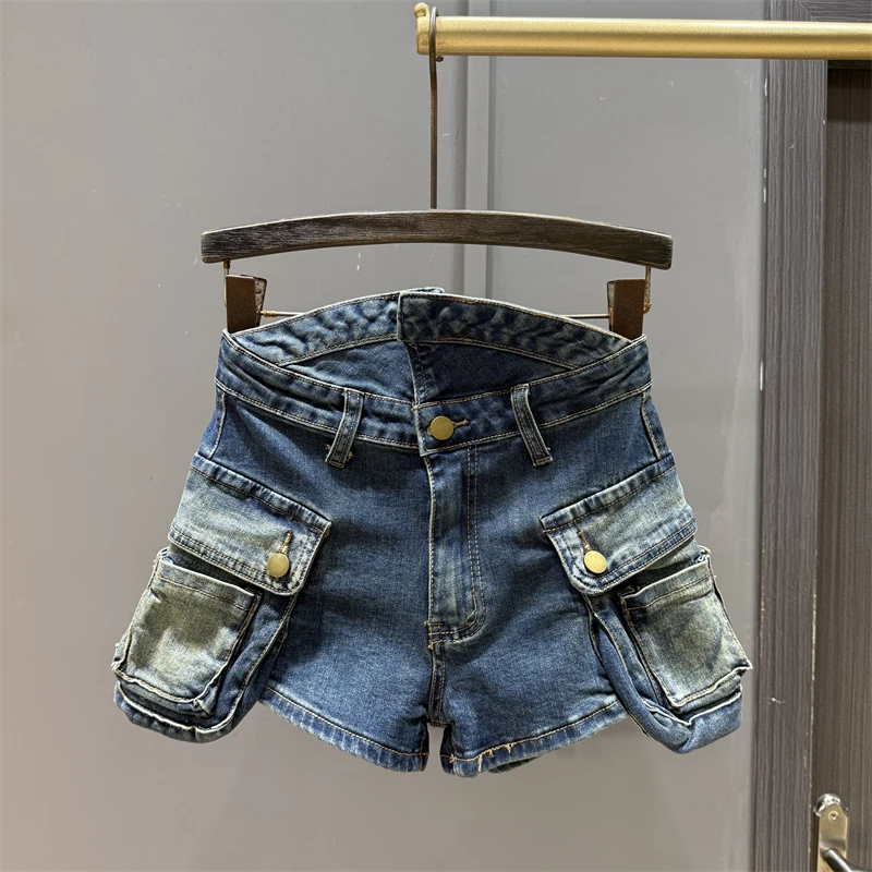 فريد ريترو كبير جيب البضائع الدنيم السراويل للنساء، الخريف جديد عالية الخصر فتاة الساخنة أزياء ألف خط واسعة الساق السراويل الساخنة