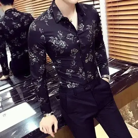 New Summer Korean Style Simplicity Loose Casual Retro Lapel Collar Elegant Fashion Men Shirt Print Button Long Sleeve Chic Tops