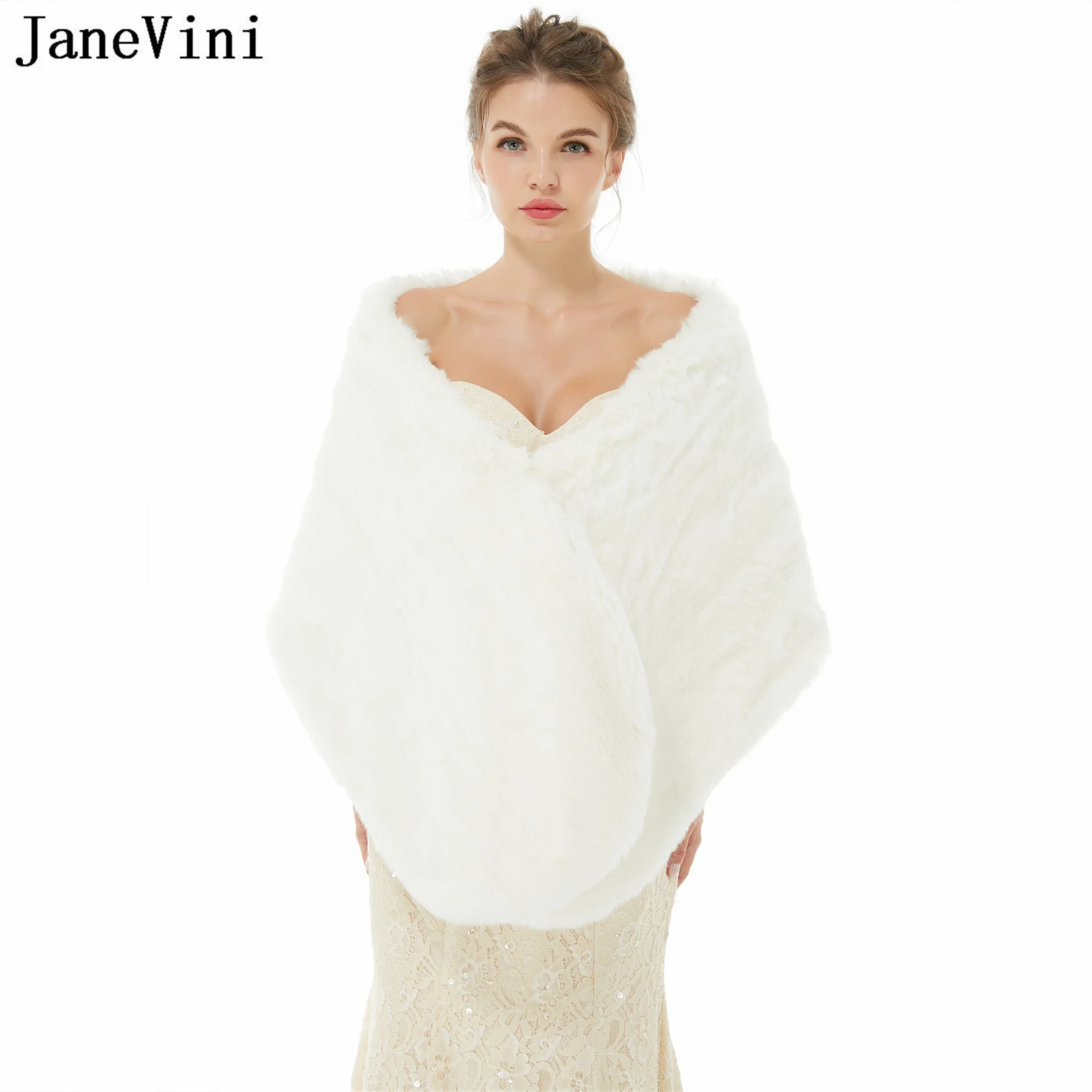 

JaneVini Elegant White Fur Shawls for Women Winter Bridal Fur Boleros Wedding Cape Faux Fur Evening Wraps Cotillon Matrimonio