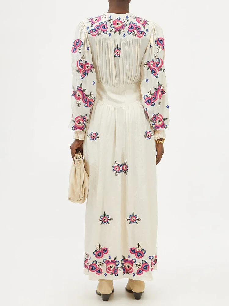 GypsyLady Boho Floral Stickerei Maxi Kleider Baumwolle Frühling Herbst Tiefem V Sexy Frauen Party Robe Langarm Kleider Vestidos Neue