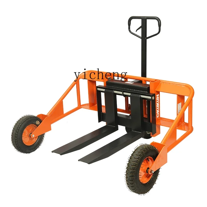 ZK construction site handling forklift manual hydraulic off-road cattle wide leg inflatable rubber wheel pallet truck