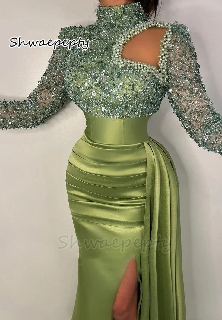 Olive Green Mermaid Prom Dresses Pearls Beaded High Neck Side Split Evening Formal Gown Sequined Satin Long Sleeves Customized