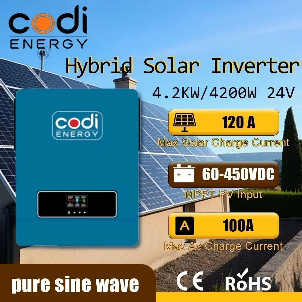 New Codi MPPT 24v hybrid solar Inverter 4200W 4.2KW pure sine wave 24v off-grid 500VDC large charging controller built-in 120A