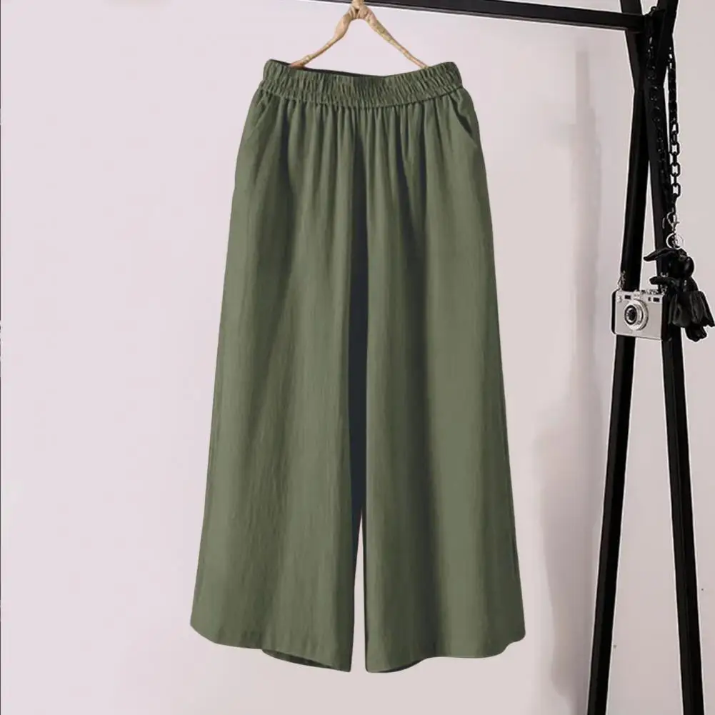 Women Cropped Pants Elastic Waist Mid-rise Wide Leg Trousers with Pockets Solid Color Loose Fit Casual Trousers 여자 바지