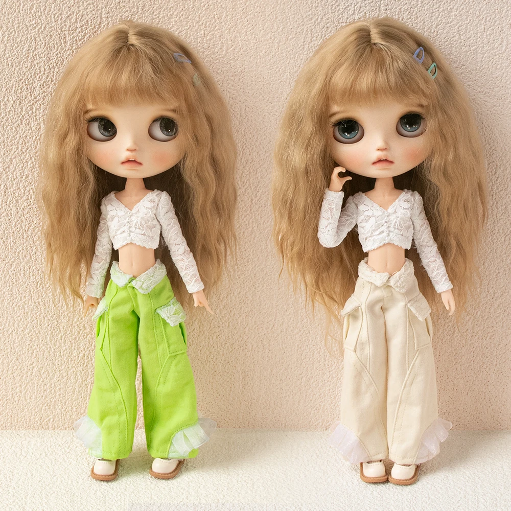 ブライス服 ヴィンテージレース ホワイトトップ ワイドレッグパンツ レースジーンズ カジュアルセット リカ アゾネス オブ22 24 ケル YMYドールアクセサリー用。